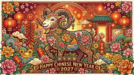 Obraz premium Happy chinese new year 2027 year of the goat with festive lanterns, firecrackers, and traditional floral motifs in a vibrant asian celebration scene.