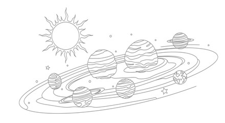 Solar system planets with sun and orbits line art © alfi
