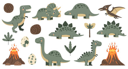 Cute dinosaur set with volcanoes and eggs for kids © alfi