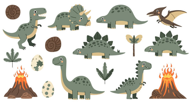 Cute dinosaur set with volcanoes and eggs for kids