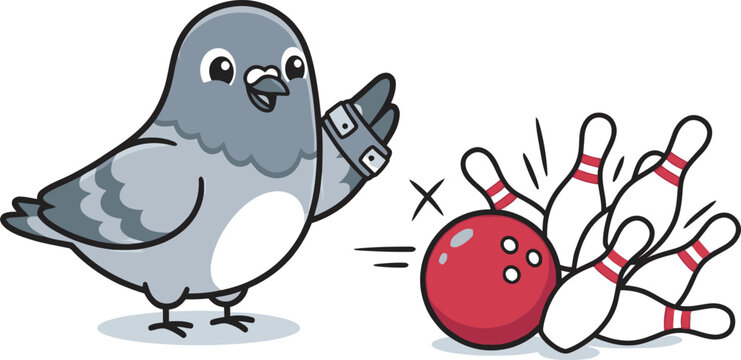 Cute cartoon pigeon illustration playing bowling with a rolling ball knocking down pins, funny animal mascot vector clipart, perfect for sports apparel, t-shirts, stickers, prints, and kids books.