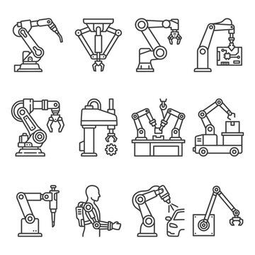 A set of industrial robot and automation icons for manufacturing technology and smart factory engineering featuring robotic arms and mechanical tools.