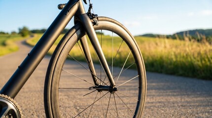 Naklejka premium Bicycle front wheel close-up against a blue sky and golden field on a sunny countryside ride