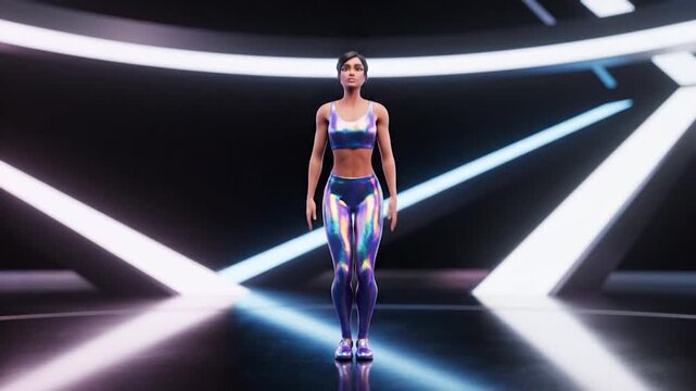 A woman performs jumping jacks in a futuristic gym studio