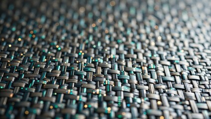 Fototapeta premium Macro close up of dark woven fabric texture with teal highlights and shallow depth of field