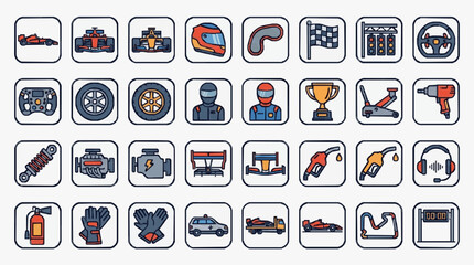 Naklejka premium Creative Colorful Flat Icons Set Featuring Racing Cars Motorsport Tools Safety Gear and Pit Crew Equipment