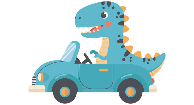 Cartoon Dinosaur Driving A Teal Automobile Vector Illustration On White Background