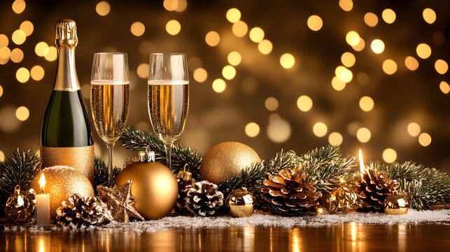 f&eacute;&eacute;rie de No&euml;l avec bulles de champagne, sc&egrave;ne de nuit avec neige