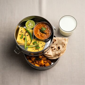 sweet and savory tiffin lunch set on a clean beige textured linen fabric. The unstacked stainless steel tiffin tiers feature soft yellow dhokla garnished with mustard seeds and green chilies, sweet an