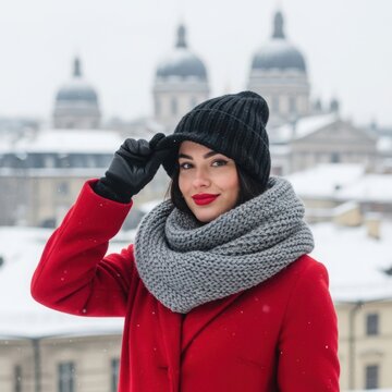 Young woman in winter attire admiring snowy cityscape