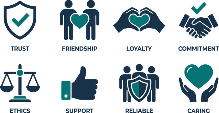 Business and social values concept vector icons showing traits like loyalty commitment and friendship ethics.