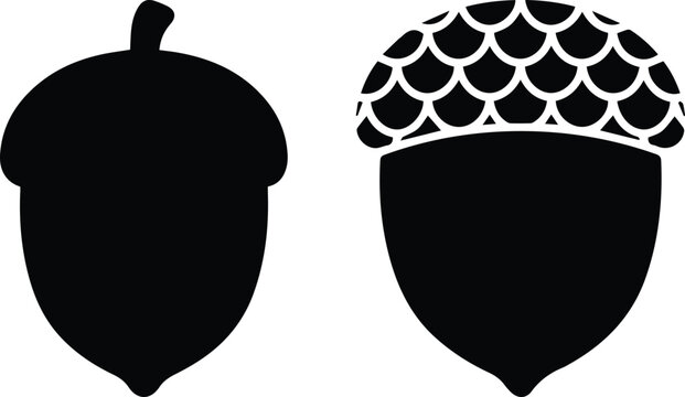 Minimalist acorn silhouette icons, black oak nut vector set, autumn forest seed symbols for seasonal branding and nature logos isolated PNG with Transparent Background
