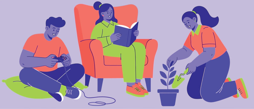 People Relaxing at Home Vector Illustration: Flat Cartoon Characters Gaming, Reading Book in Armchair, and Tending Potted Houseplant for Indoor Hobbies, Weekend Leisure, and Lifestyle Design
