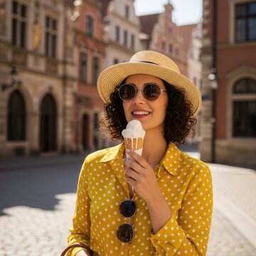 Woman enjoying ice cream in a charming european street