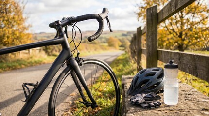 Fototapeta premium Bicycle leaning on a wooden fence with a helmet and water bottle on a rural autumn road
