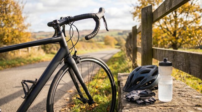 Bicycle leaning on a wooden fence with a helmet and water bottle on a rural autumn road