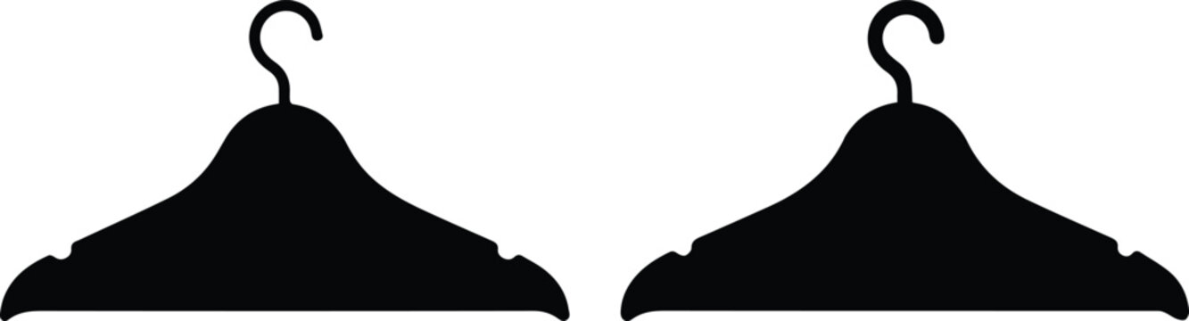 Minimalist clothes hanger silhouettes, black garment rack icons for fashion retail, set of 2 clothing storage vector elements isolated PNG with Transparent Background