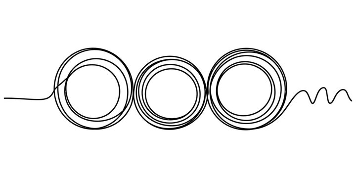Continuous single line drawing of three circular shapes connected by a thin black string on a plain surface for minimalist creative graphic design projects Vector, illustration