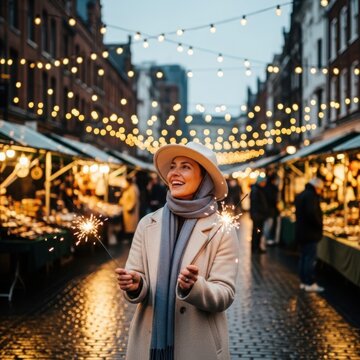 Joyful woman in winter market with sparkler