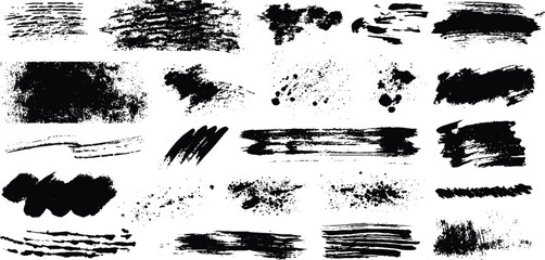 Collection of black ink brush strokes and splatters on white background . Vector grunge brush stokes. Hand drawn spray paint and ink splashes. Grunge artistic black paint stokes © Amena