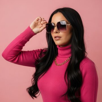 Stylish woman in pink turtleneck and sunglasses