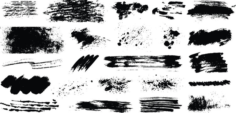 Collection of black ink brush strokes and splatters on white background . Vector grunge brush stokes. Hand drawn spray paint and ink splashes. Grunge artistic black paint stokes