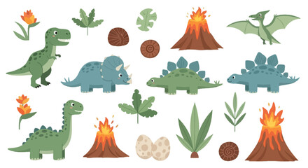 Cute dinosaur characters with erupting volcanoes and tropical leaves © nando