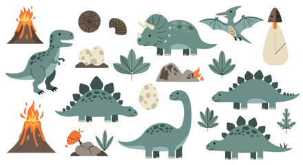 Prehistoric dinosaur collection with volcanoes and fossils © nando