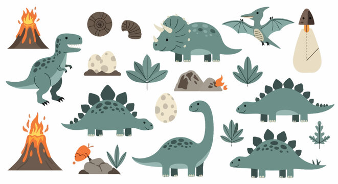 Prehistoric dinosaur collection with volcanoes and fossils