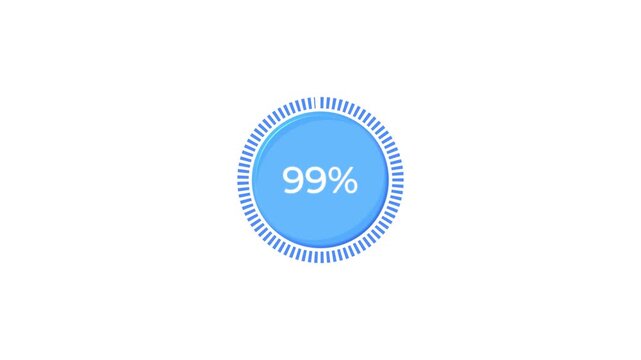 Work finishing solid blue dashed circle percent loading animation with 0 to 100 % . Animation of payment processing animated percentage progress on white background with alpha.