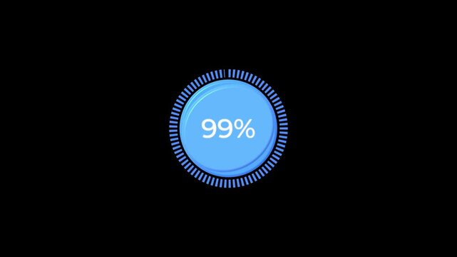 Work finishing solid blue dashed circle percent loading animation with 0 to 100 % . Animation of payment processing animated percentage progress on black background with alpha.