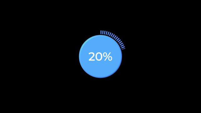 Work finishing solid blue dashed circle percent loading animation with 0 to 20 % . Digital pie chart animated with 20 percent element . Progress bar showing 80% animation.