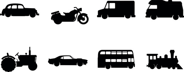 Set of black transportation silhouettes including vintage cars motorcycle delivery van tractor double decker bus and train (17 words) © ROUNOK