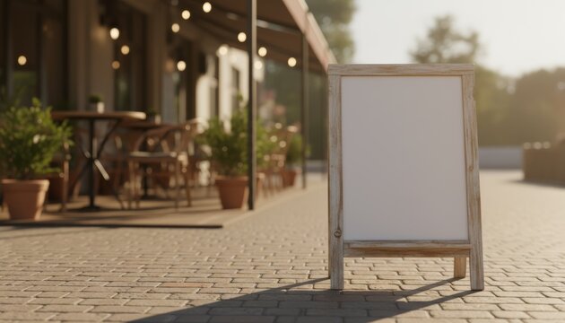 A wooden sandwich board stands on a sunlit pedestrian street made of cobblestones next to an outdoor caf&eacute; with tables and chairs, surrounded by potted plants and soft lighting