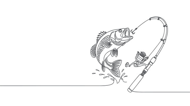 Dynamic single continuous line drawing of a jumping bass fish caught on a fishing rod with a reel, isolated on a clean white background