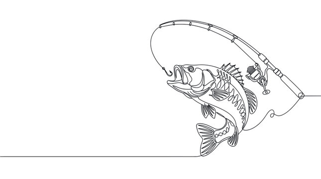 Dynamic continuous line drawing of a large bass fish jumping out of water, hooked on a fishing rod and reel, against a clean white background