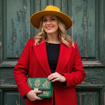 Woman posing elegantly in red blazer and yellow hat