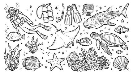 Obraz premium Detailed black and white line art illustration of various underwater sea creatures and diving equipment on a clean white background