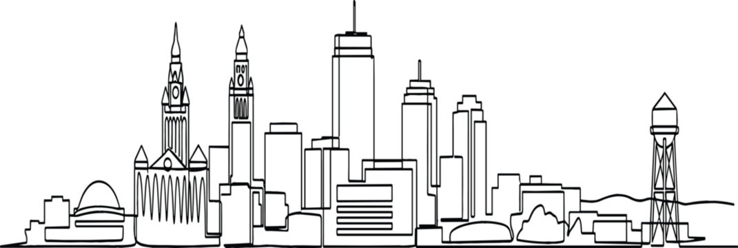 Cincinnati Ohio city skyline horizontal panorama continuous line art vector illustration with famous downtown landmarks skyscrapers and buildings
