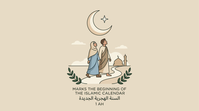 Vintage Islamic Calendar Illustration with Crescent Moon and Floral Wreath in Soft Watercolor Style
