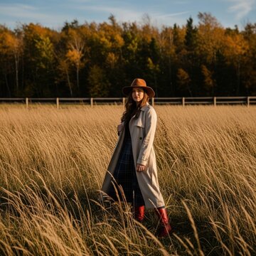 Woman in long coat and hat standing in golden field