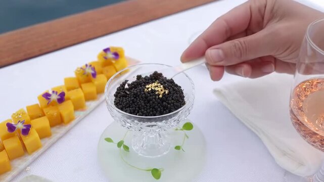 Luxurious dining experience: garnishing black caviar with edible gold and vibrant mango bites