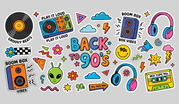etro disco party stickers in 90s style. Music elements: vinyl records, DJ turntables, speakers, headphones, smiley icons, abstract shapes. Nostalgic dance party concept inspired by nineties culture