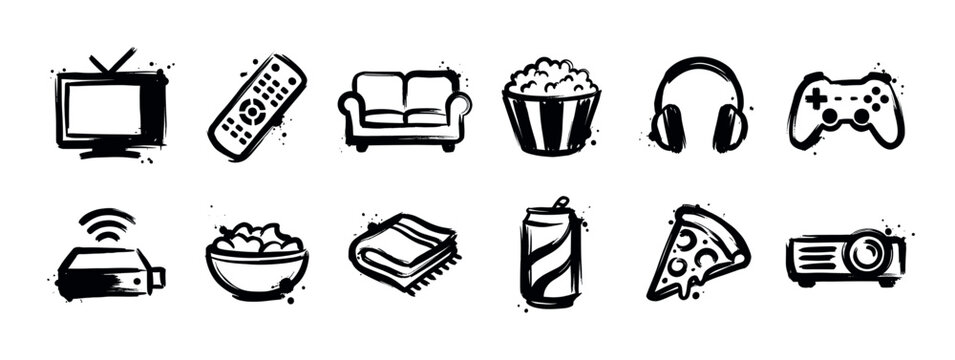 Collection of black brush stroke icons representing various home entertainment and snack items on a clean white background