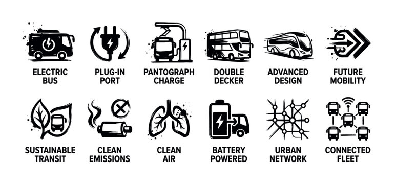 Collection of black and white icons representing various aspects of electric buses and future sustainable urban mobility
