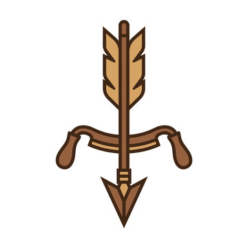 fletcher symbol featuring an arrowhead, feather, and carving tool arranged symmetrically