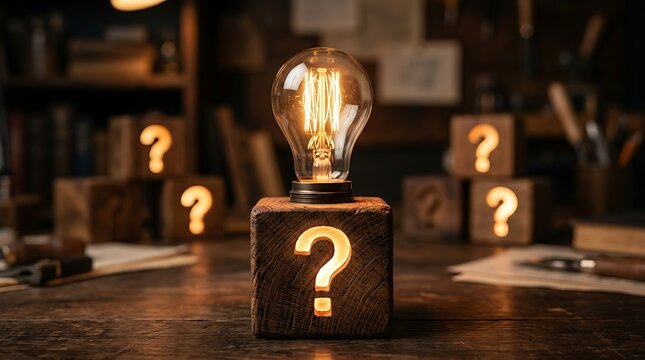 Conceptual image of a question mark engraved on a wooden block with a glowing light bulb on top representing problem solving
