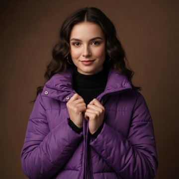 Young woman wearing purple puffer jacket and black turtleneck