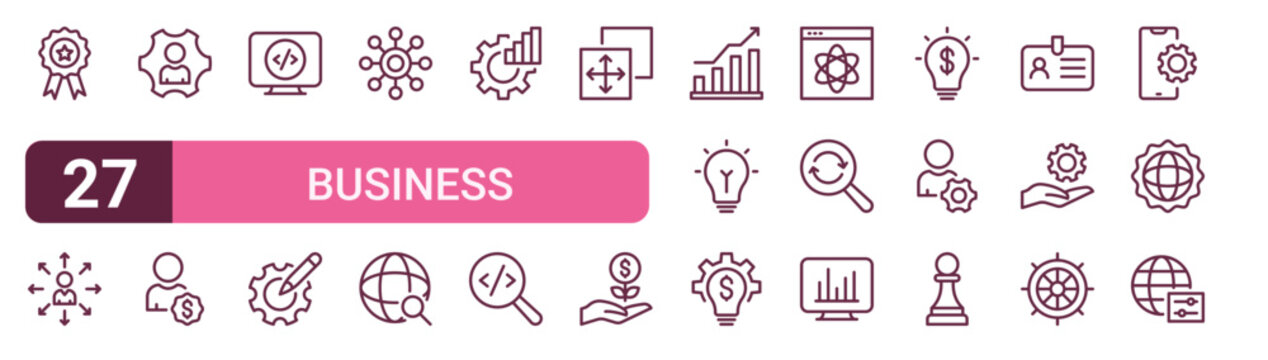 Set of 27 outline Business Development icons for modern UI, landing pages and digital services. Editable stroke collection with badge, person, project manager, search, idea and chess piece.