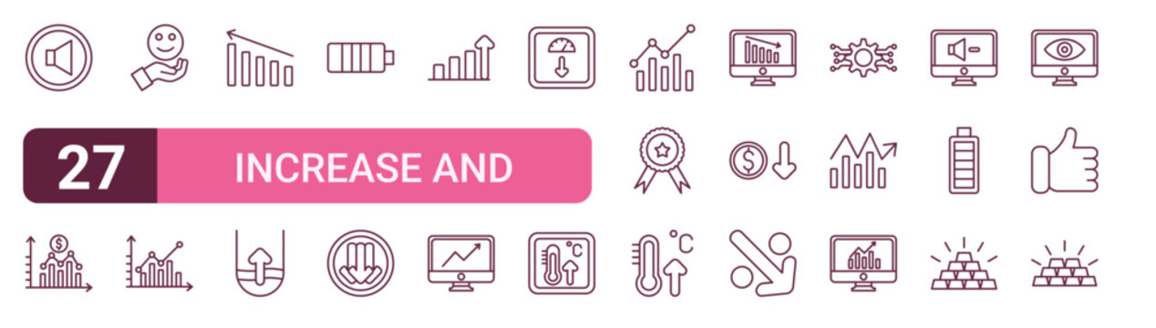 Set of 27 outline Increase and Decrease icons for modern UI, landing pages and digital services. Editable stroke collection with volume, fluctuation, happy, decrease, win and increase.
